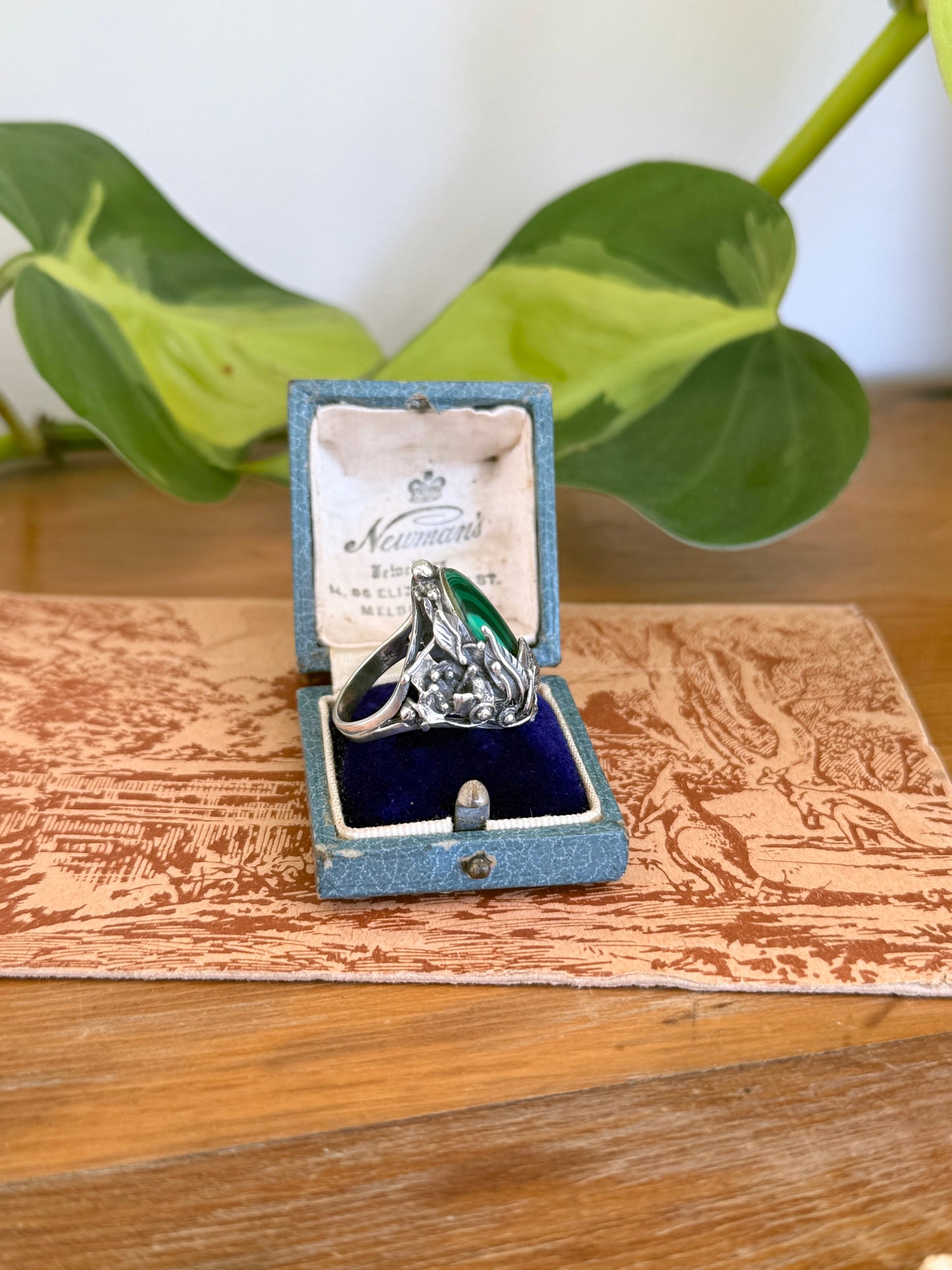 Art Nouveau Style Malachite Floral Ring in Sterling Silver – Size R