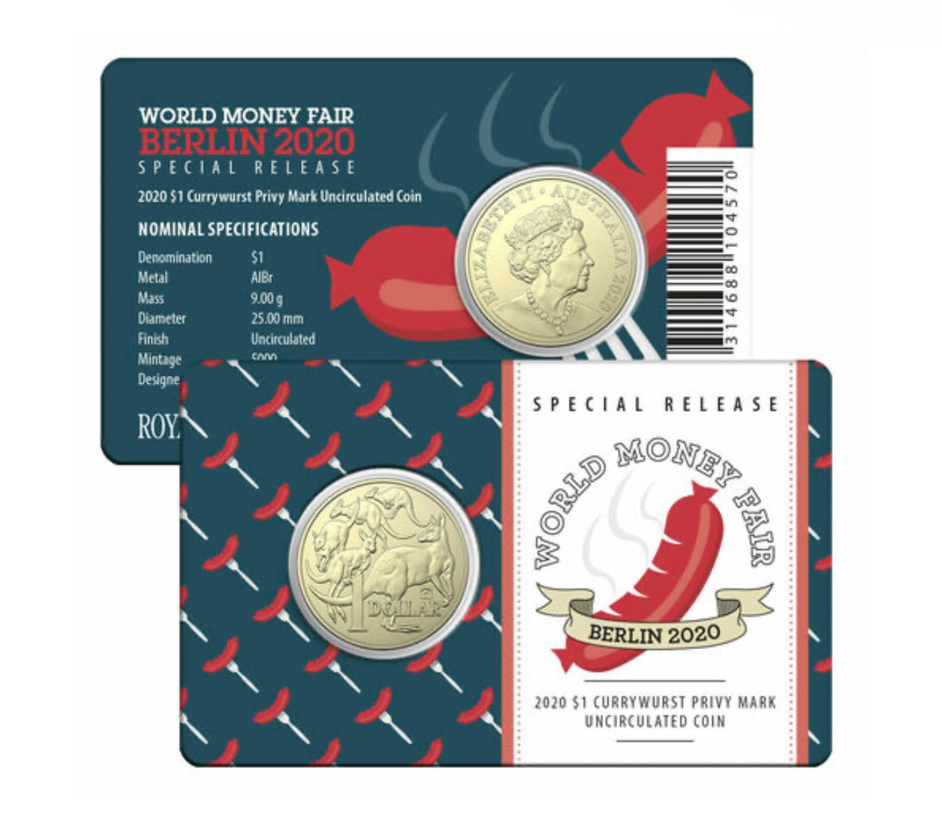 2020 Royal Australian Mint $1 Currywurst Privy Mark Berlin World Money Fair Coin on Card