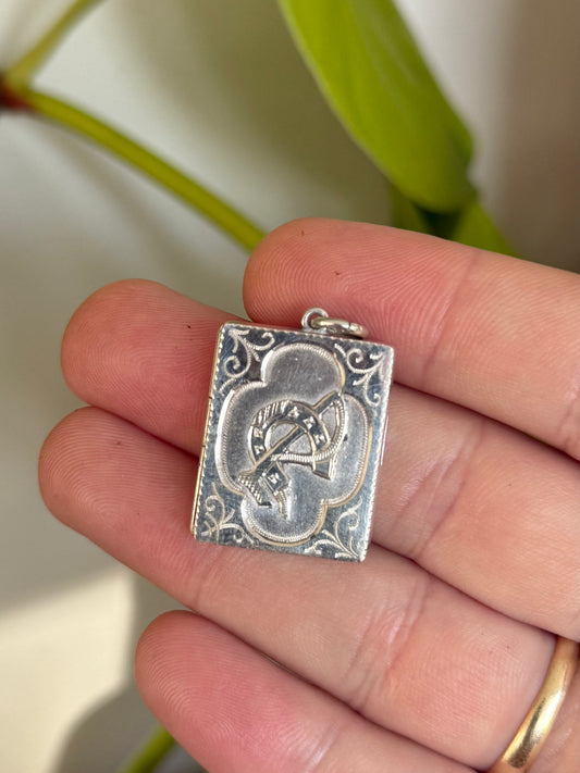 Antique 1904 Sterling Silver Horseshoe & Whip Locket – Engraved Book-Style