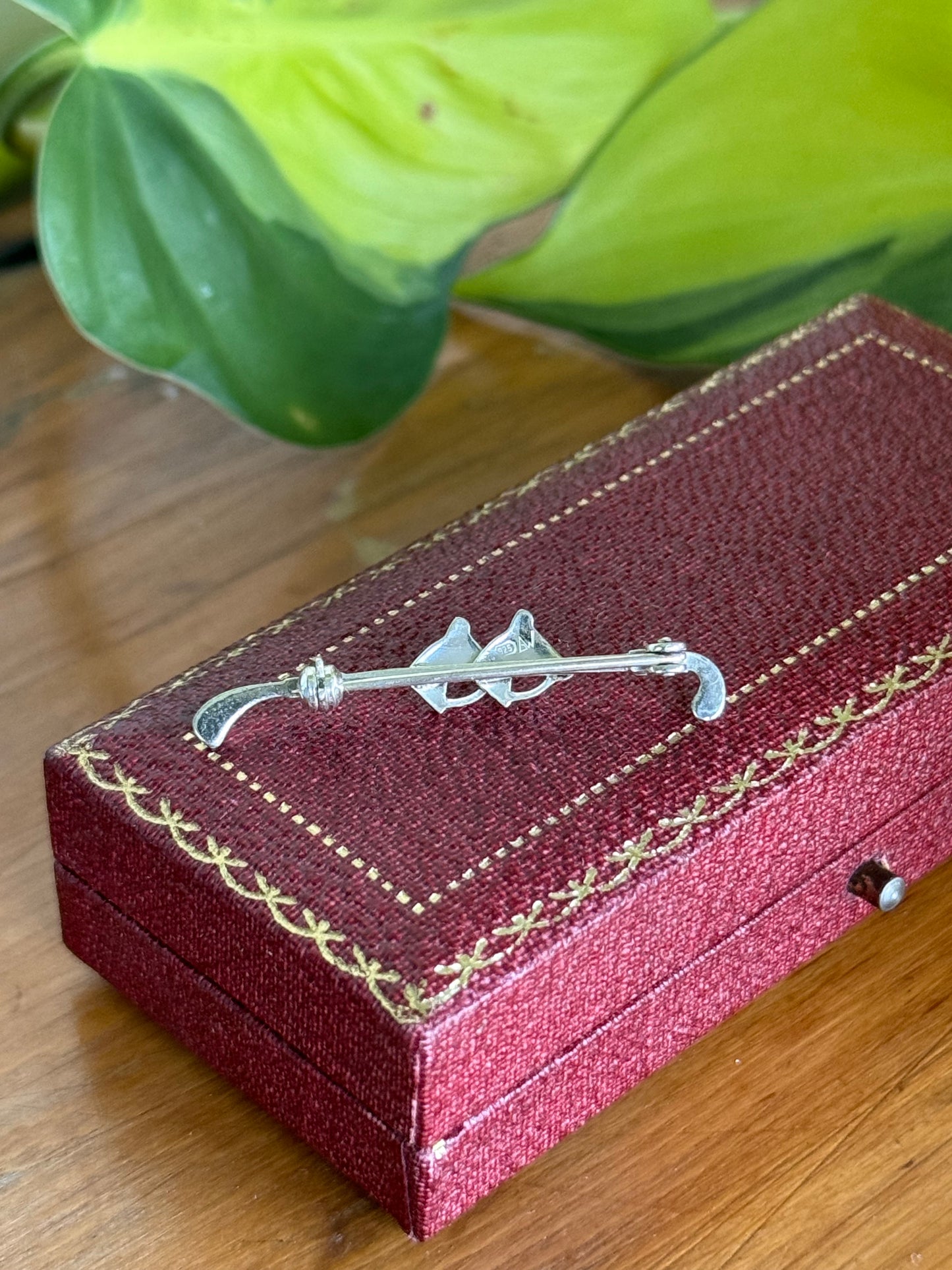 Vintage Sterling Silver Double Horse Head & Whip Brooch