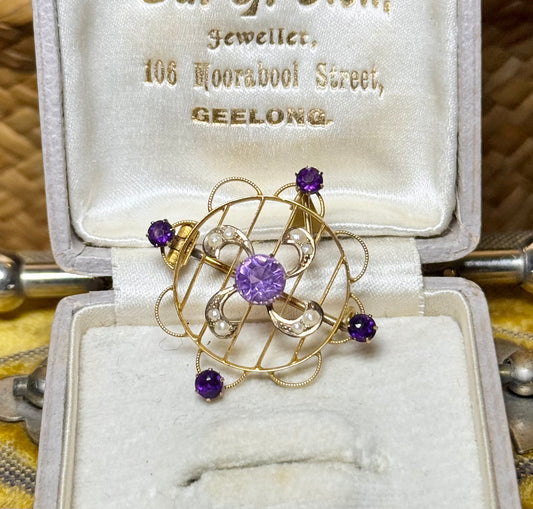 Amethyst and Seed Pearl Combination Pendant, Brooch